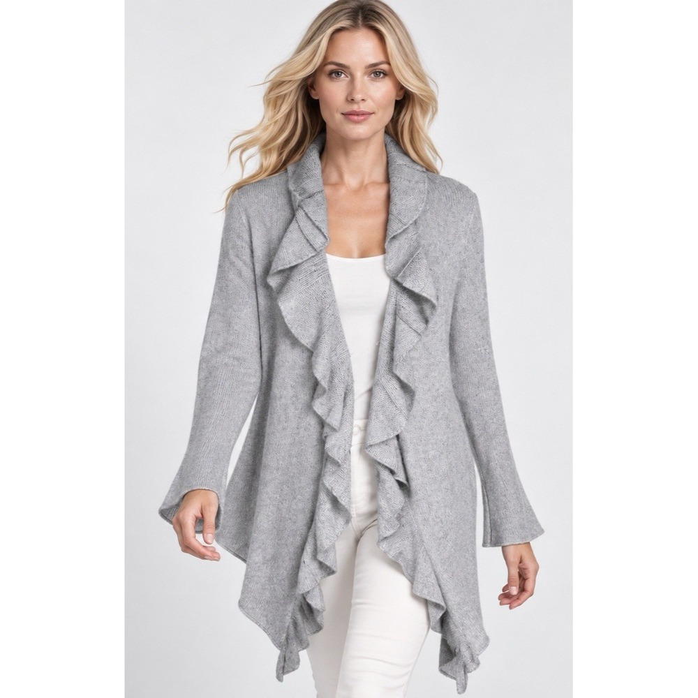 Magaschoni Cashmere Cardigan Waterfall Ruffle Front. Draped Sweater Top Small